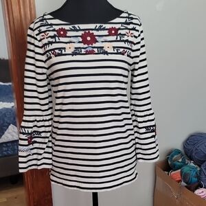 J. Crew Black and White Striped Blouse with Floral Embroidery